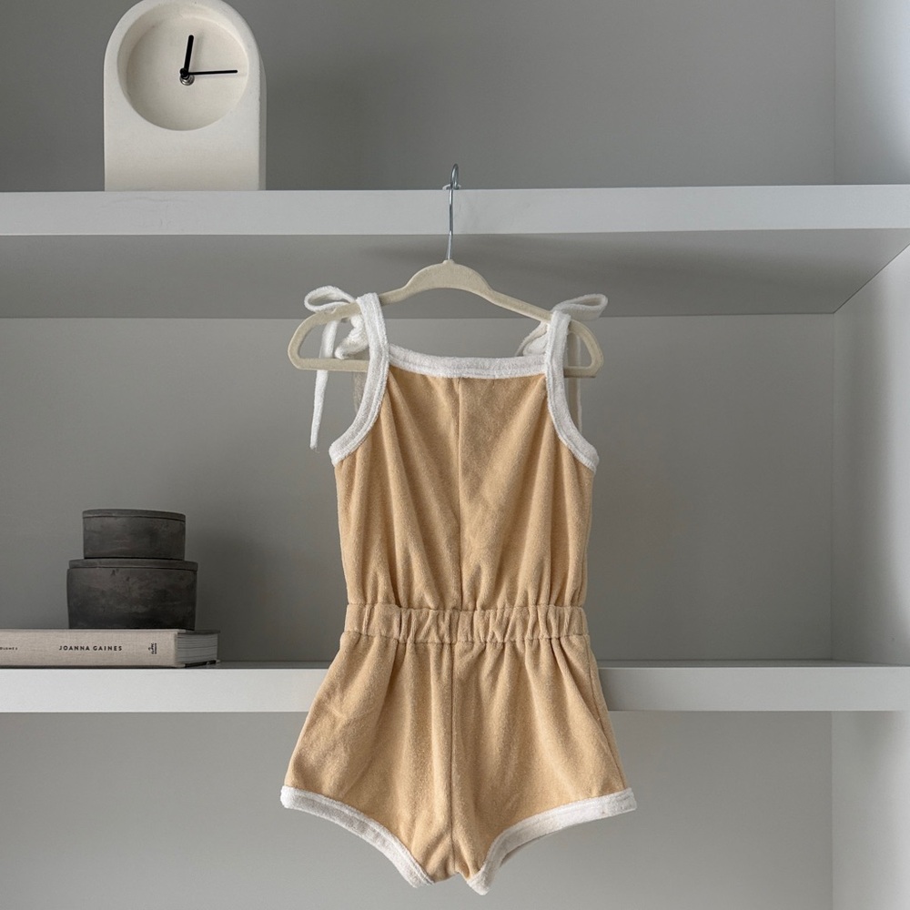 Hubble + Duke Girls Tan One-Piece Romper with Cream Trim and Tie Shoulders - Picture 2 of 3